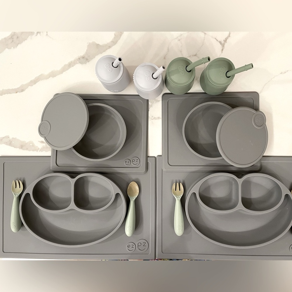 Ez pz happy mats, mini cups + straws, mini bowls with lids, and mini utensils